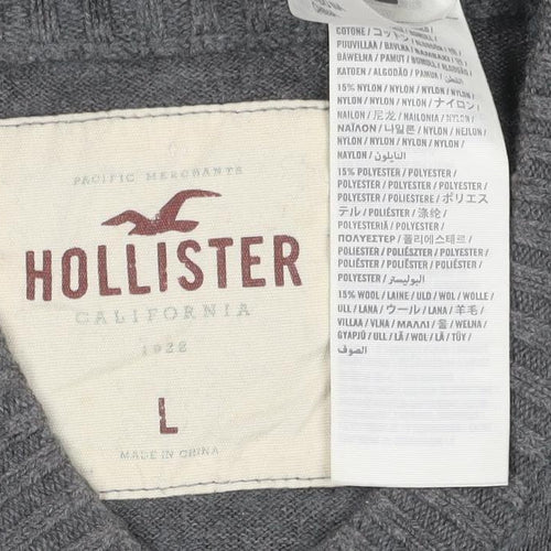 Hollister Men's Grey L V-Neck Logo Cotton Blend Pullover Jumper
