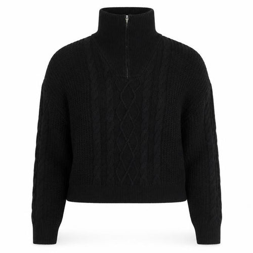 Brae Soul London Women Black L Cable Knit 1/4 Zip High Neck Jumper