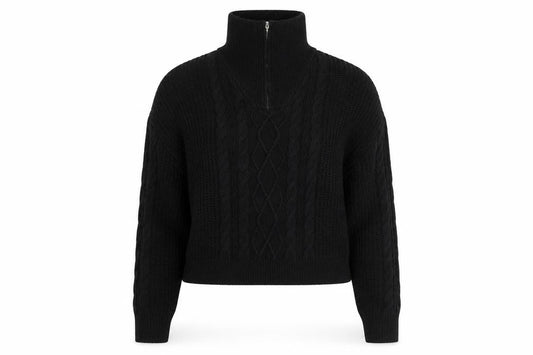 Brae Soul London Women Black L Cable Knit 1/4 Zip High Neck Jumper