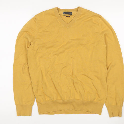 Marks and Spencer Men Yellow M V-Neck Pure Cotton Pullover Jumper