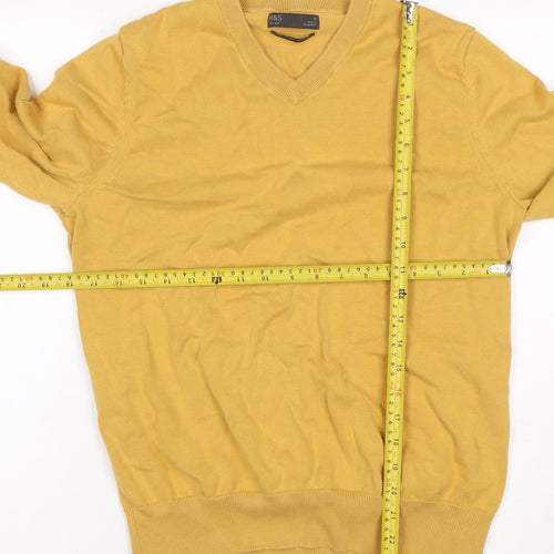 Marks and Spencer Men Yellow M V-Neck Pure Cotton Pullover Jumper