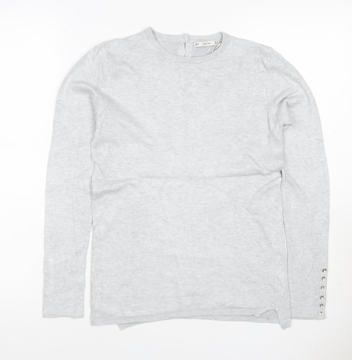 Back view of Zara Knit Women Grey M Crew Neck Button Cuff Long Sleeve jumper