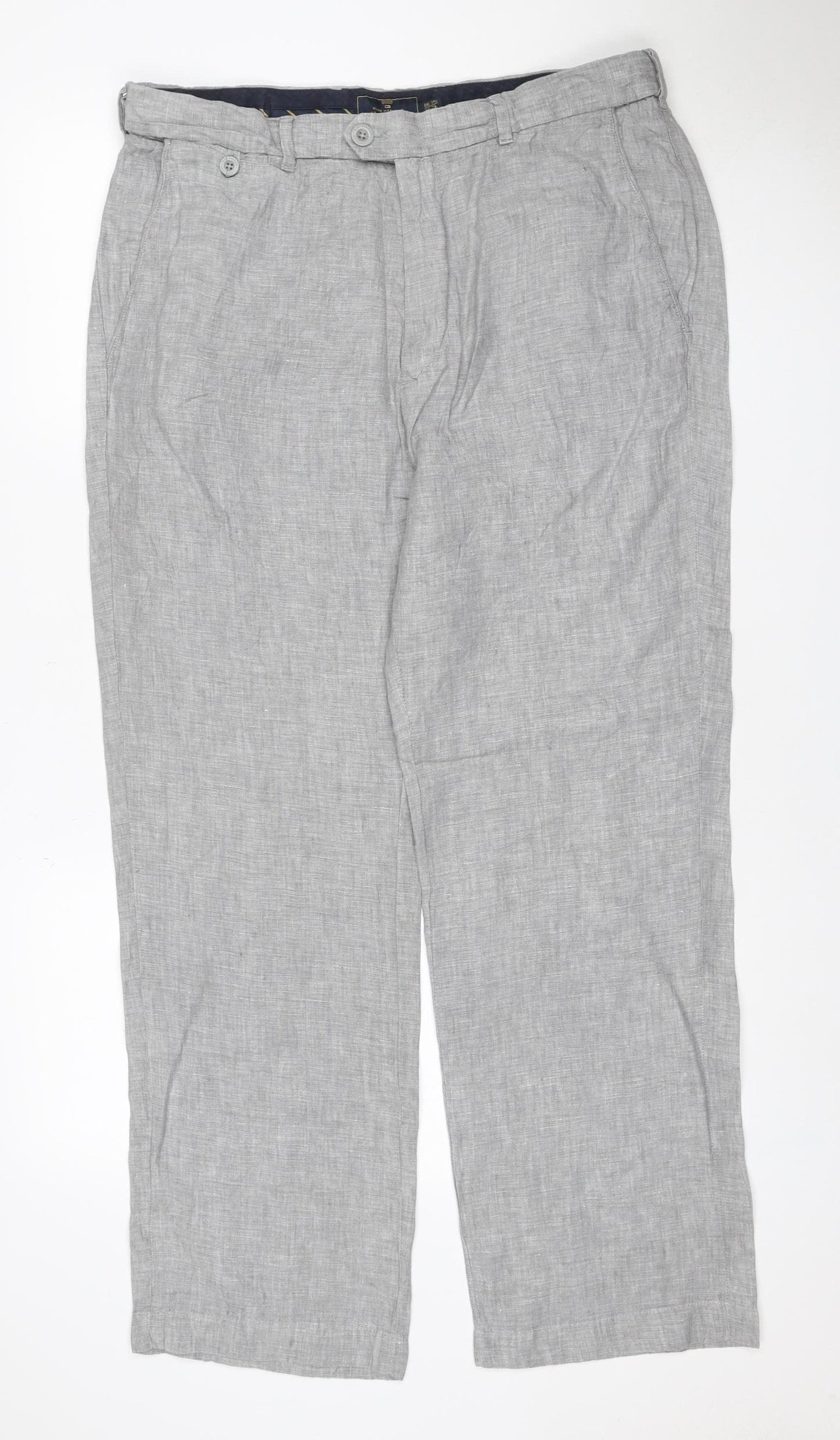 Marks and Spencer Men's Grey Linen 34in Straight Trousers 29in Leg