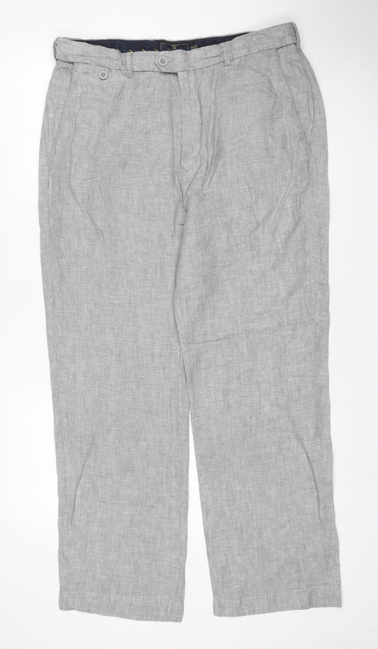 Marks and Spencer Men's Grey Linen 34in Straight Trousers 29in Leg