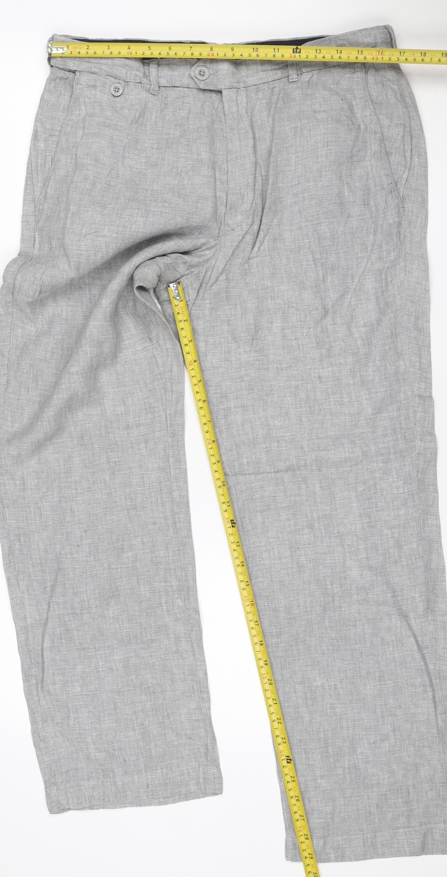 Marks and Spencer Men's Grey Linen 34in Straight Trousers 29in Leg