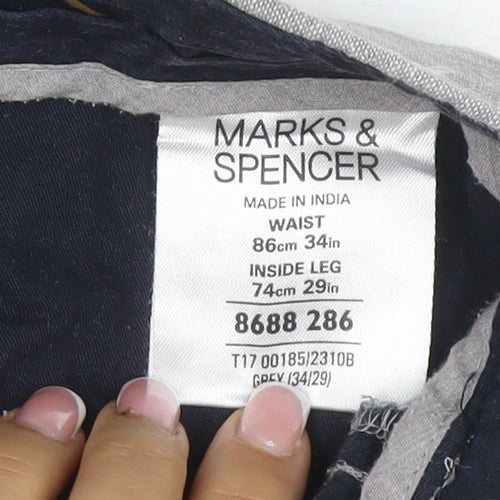 Marks and Spencer Men's Grey Linen 34in Straight Trousers 29in Leg
