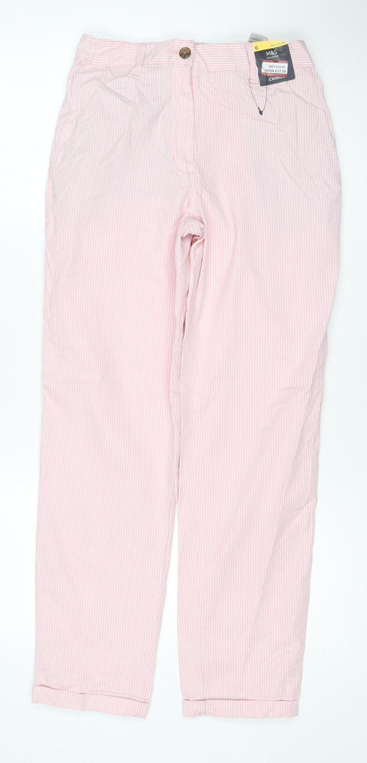 M&S Women Pink Stripe Size 6 Slim Tapered Chino Trousers
