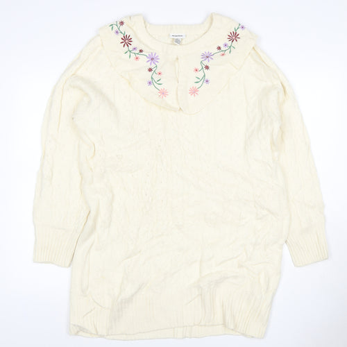 Neon Rose Women’s Ivory M Cable Knit Floral Embroidered Ruffle Jumper