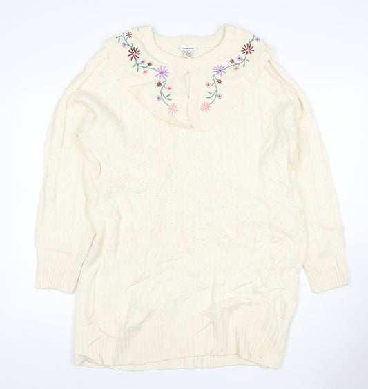 Neon Rose Women’s Ivory M Cable Knit Floral Embroidered Ruffle Jumper