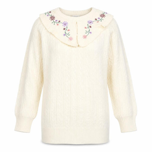 Neon Rose Women’s Ivory M Cable Knit Floral Embroidered Ruffle Jumper