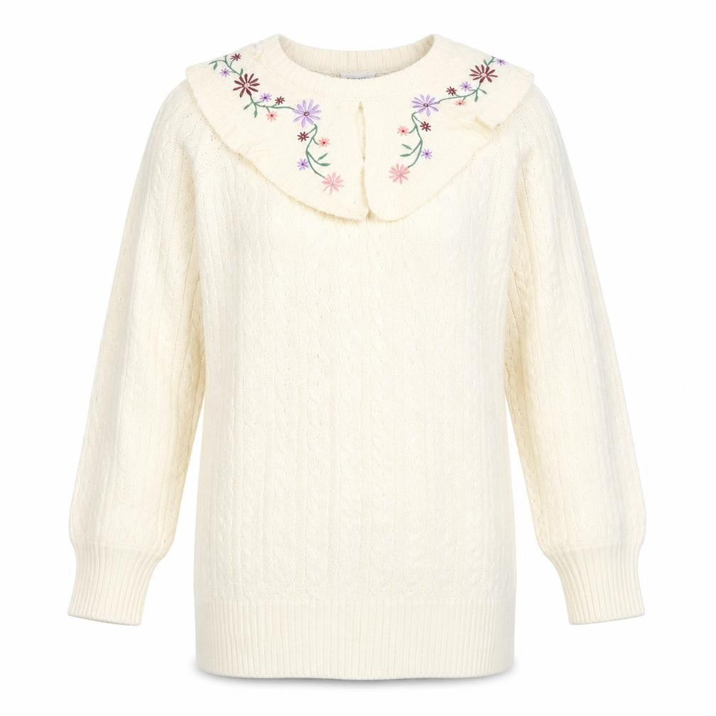 Neon Rose Women’s Ivory M Cable Knit Floral Embroidered Ruffle Jumper