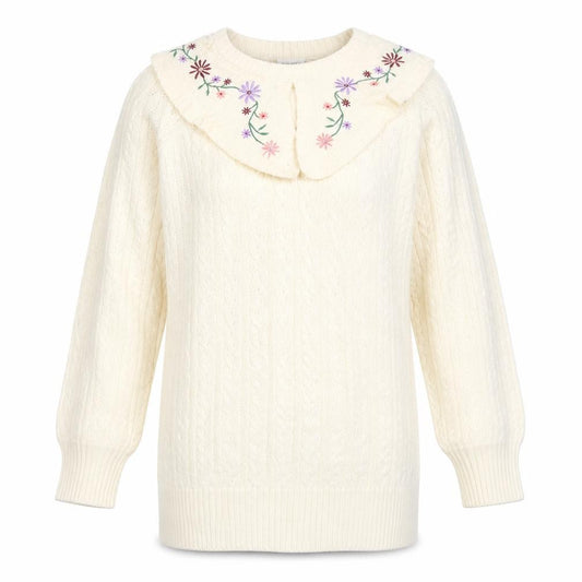 Neon Rose Women’s Ivory M Cable Knit Floral Embroidered Ruffle Jumper