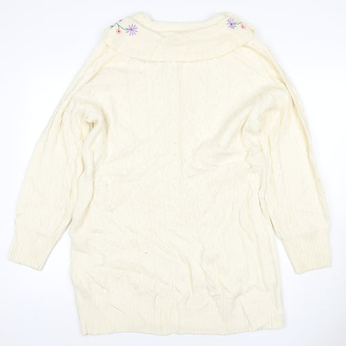 Neon Rose Women’s Ivory M Cable Knit Floral Embroidered Ruffle Jumper