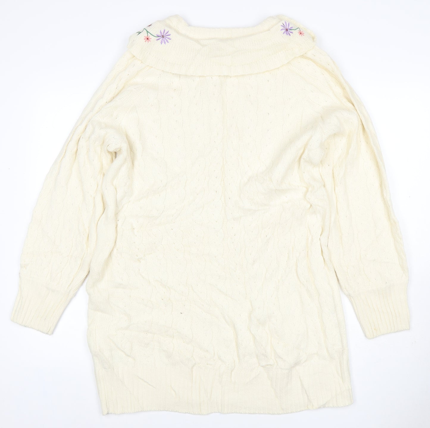 Neon Rose Women’s Ivory M Cable Knit Floral Embroidered Ruffle Jumper