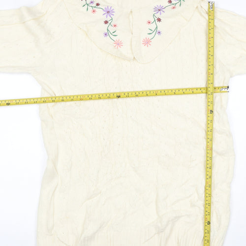 Neon Rose Women’s Ivory M Cable Knit Floral Embroidered Ruffle Jumper