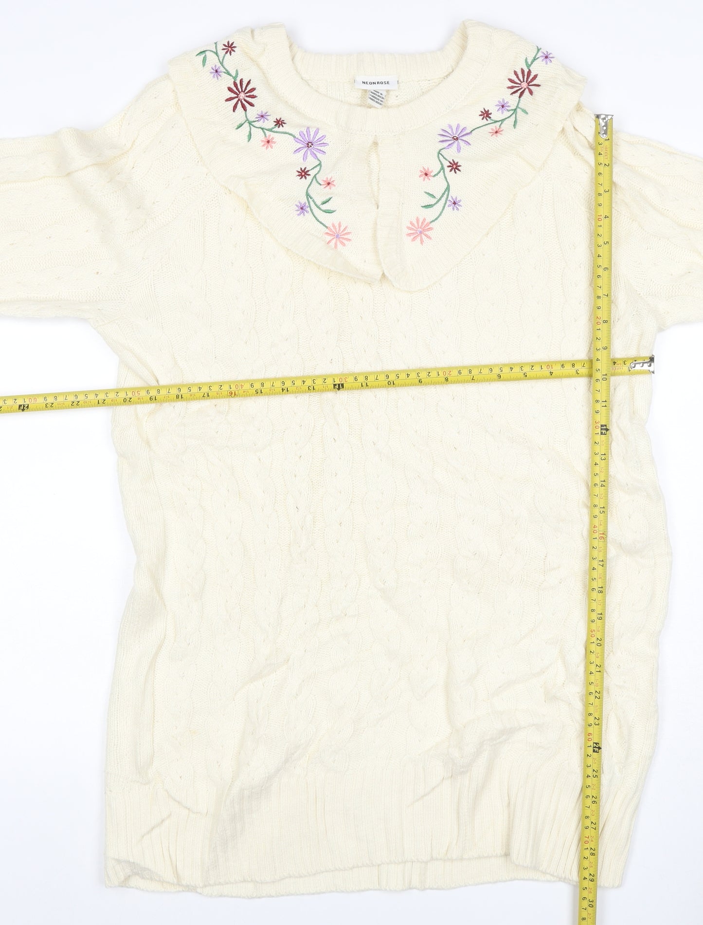 Neon Rose Women’s Ivory M Cable Knit Floral Embroidered Ruffle Jumper