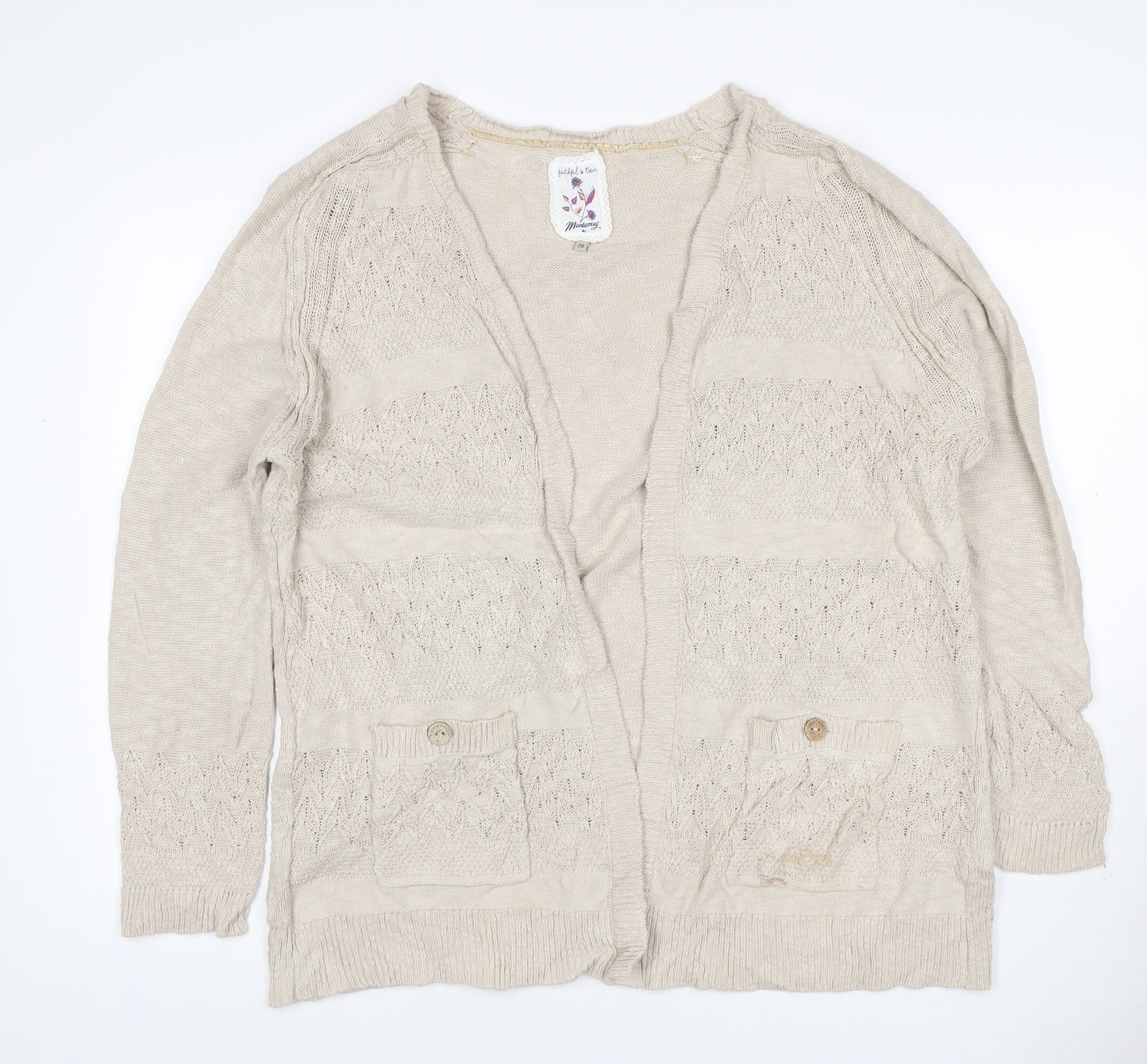 Mantaray Women Beige Size 20 Open Knit V-Neck Cotton Cardigan
