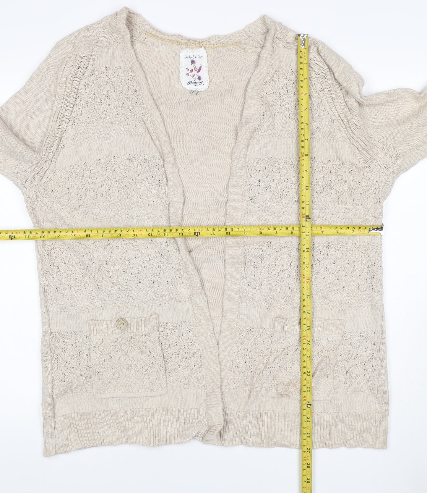 Mantaray Women Beige Size 20 Open Knit V-Neck Cotton Cardigan
