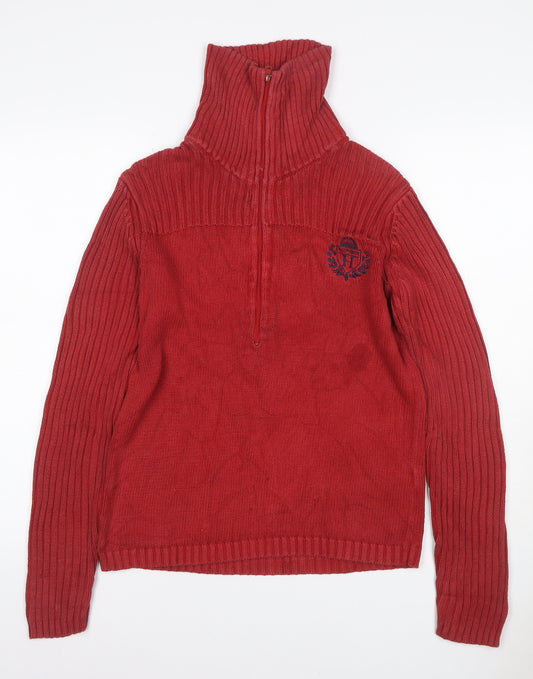 Tommy Hilfiger Women’s Red L Half Zip High Neck Cotton Knit Jumper