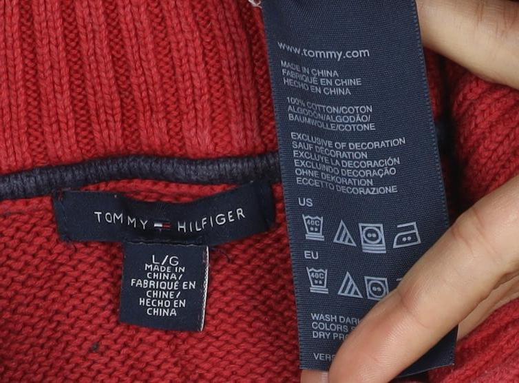 Tommy Hilfiger Women’s Red L Half Zip High Neck Cotton Knit Jumper