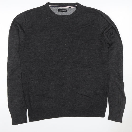 Brave Soul Men’s Grey M Crew Neck Fine Knit Acrylic Pullover Jumper