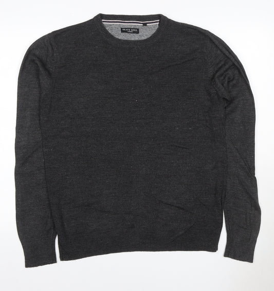 Brave Soul Men’s Grey M Crew Neck Fine Knit Acrylic Pullover Jumper