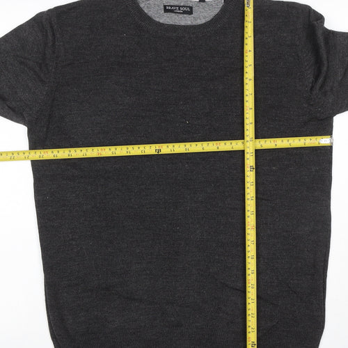 Brave Soul Men’s Grey M Crew Neck Fine Knit Acrylic Pullover Jumper