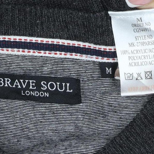 Brave Soul Men’s Grey M Crew Neck Fine Knit Acrylic Pullover Jumper