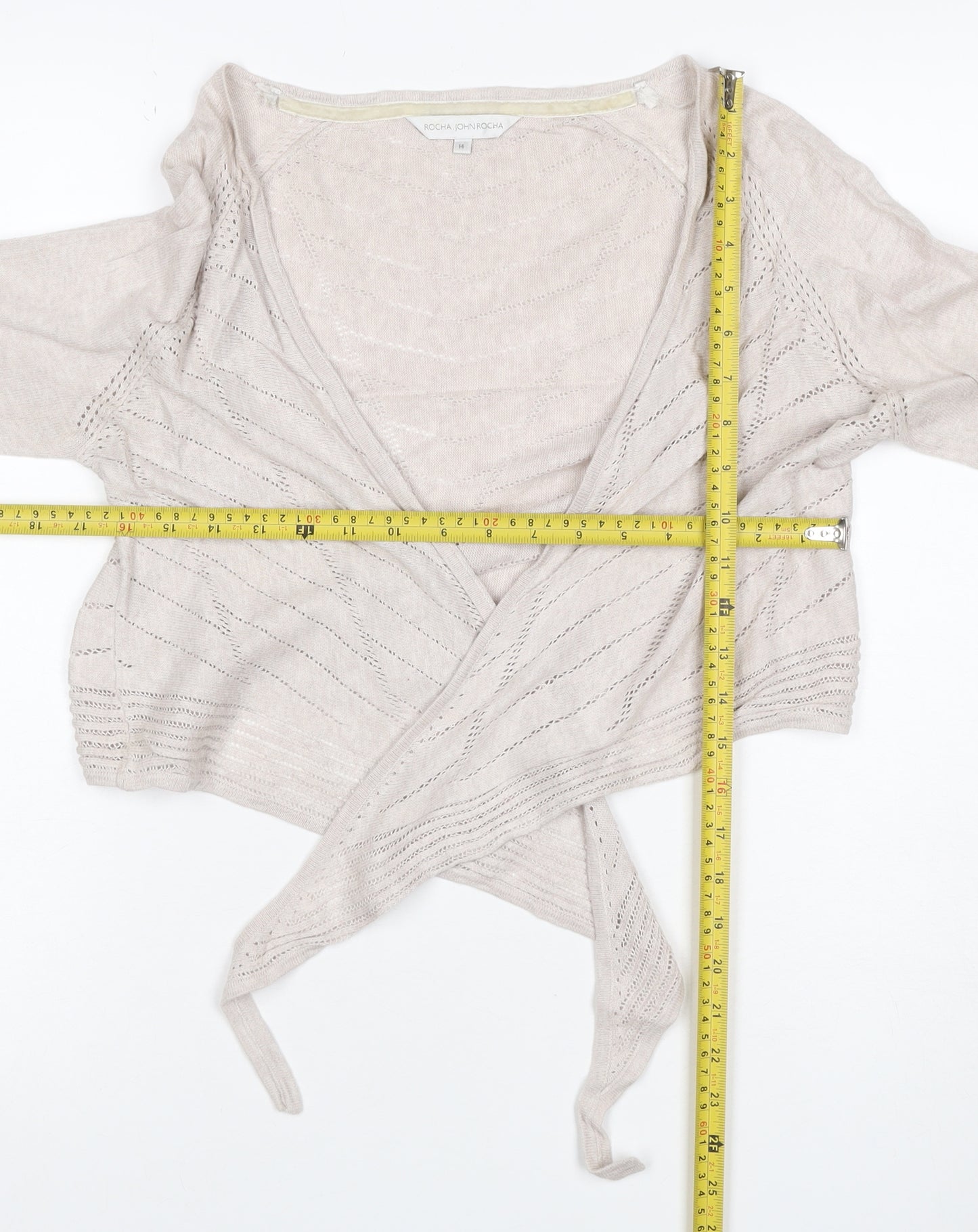 Rocha John Rocha Women Ivory Size 14 Open-Knit Tie Wrap Cardigan