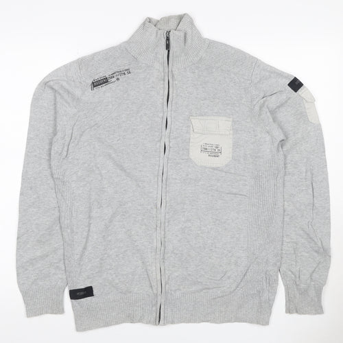 Dissident Men's Grey M Full Zip High Neck Knit Jumper Pocket Logo