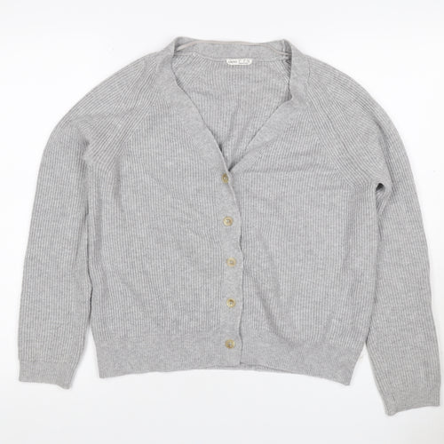 Oysho Women Grey S Rib Knit V-Neck Button Cardigan