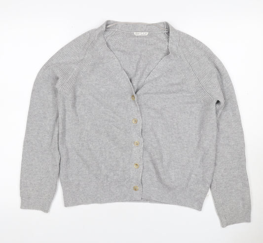 Oysho Women Grey S Rib Knit V-Neck Button Cardigan