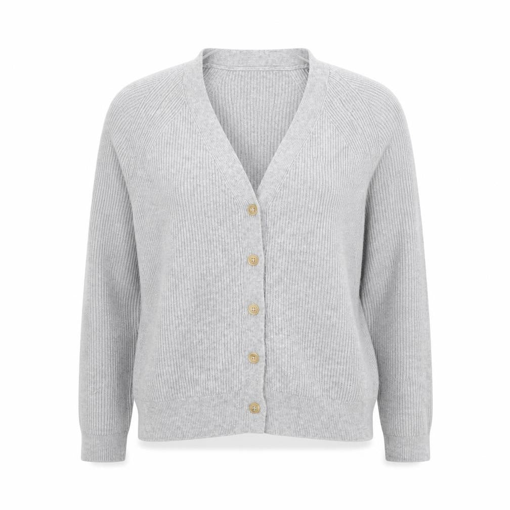 Oysho Women Grey S Rib Knit V-Neck Button Cardigan