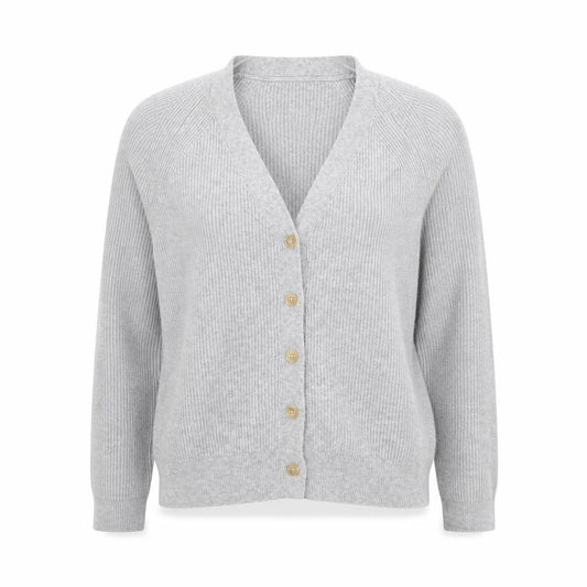 Oysho Women Grey S Rib Knit V-Neck Button Cardigan
