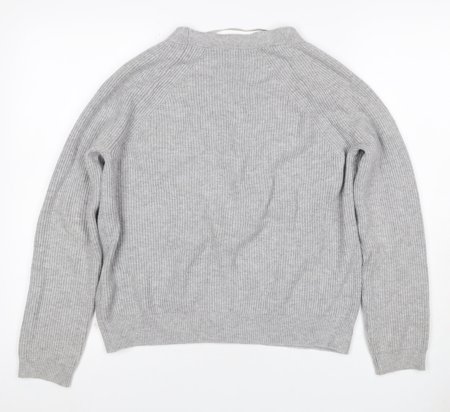 Oysho Women Grey S Rib Knit V-Neck Button Cardigan