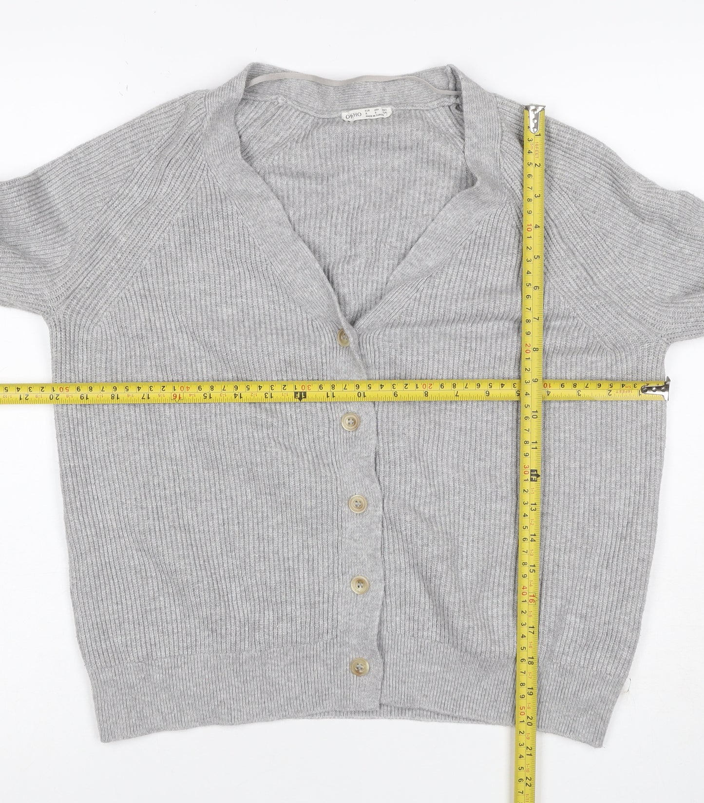 Oysho Women Grey S Rib Knit V-Neck Button Cardigan