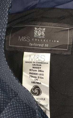 Marks and Spencer Men's Blue 38W 31L Tailored Fit Wool Dress Trousers