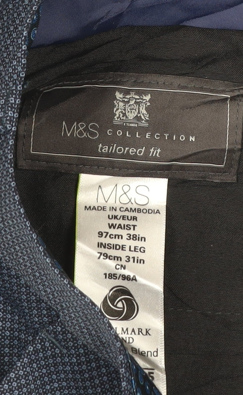 Marks and Spencer Men's Blue 38W 31L Tailored Fit Wool Dress Trousers