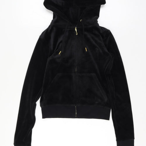 Juicy Couture Women Size 8 Black Velour Full Zip Hooded Hoodie