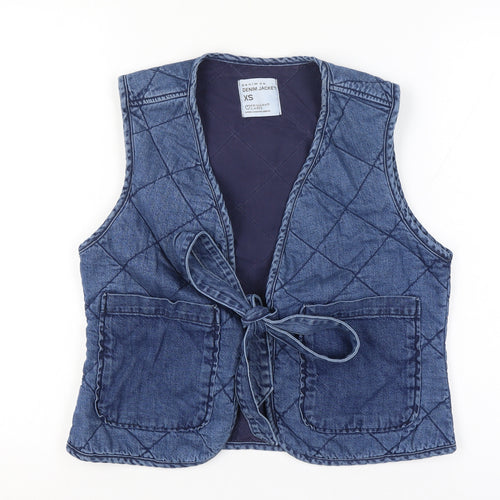 Primark Women Blue XS Quilted Denim Tie Waistcoat Pockets