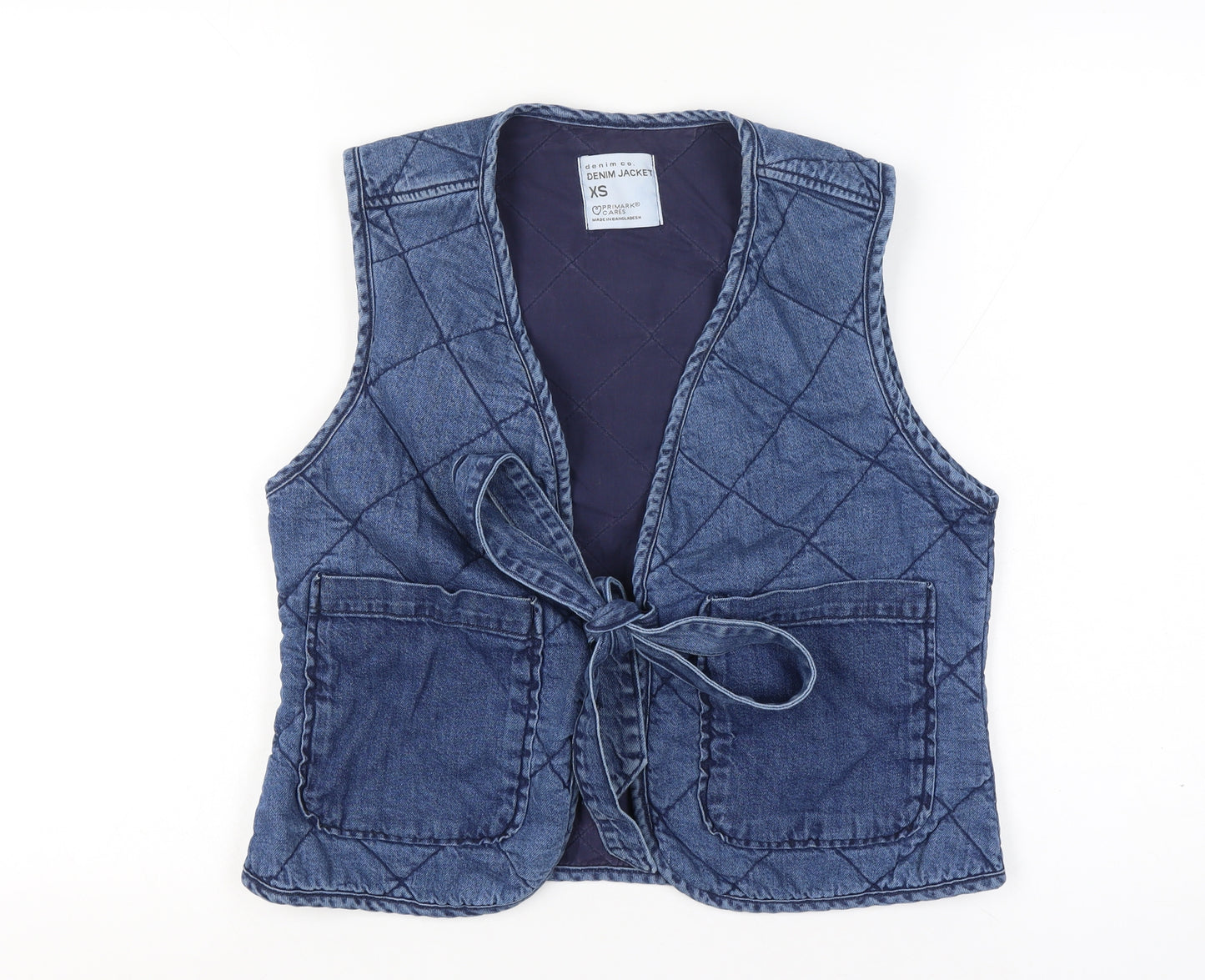 Primark Women Blue XS Quilted Denim Tie Waistcoat Pockets