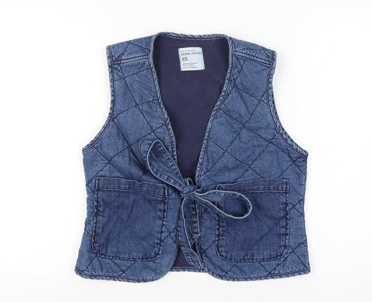 Primark Women Blue XS Quilted Denim Tie Waistcoat Pockets