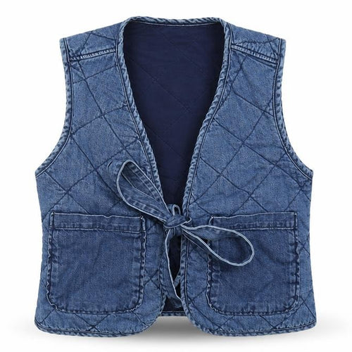 Primark Women Blue XS Quilted Denim Tie Waistcoat Pockets