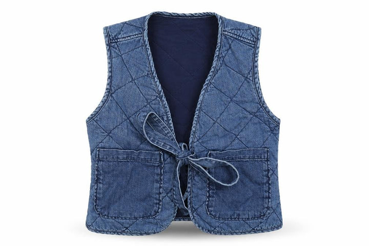 Primark Women Blue XS Quilted Denim Tie Waistcoat Pockets
