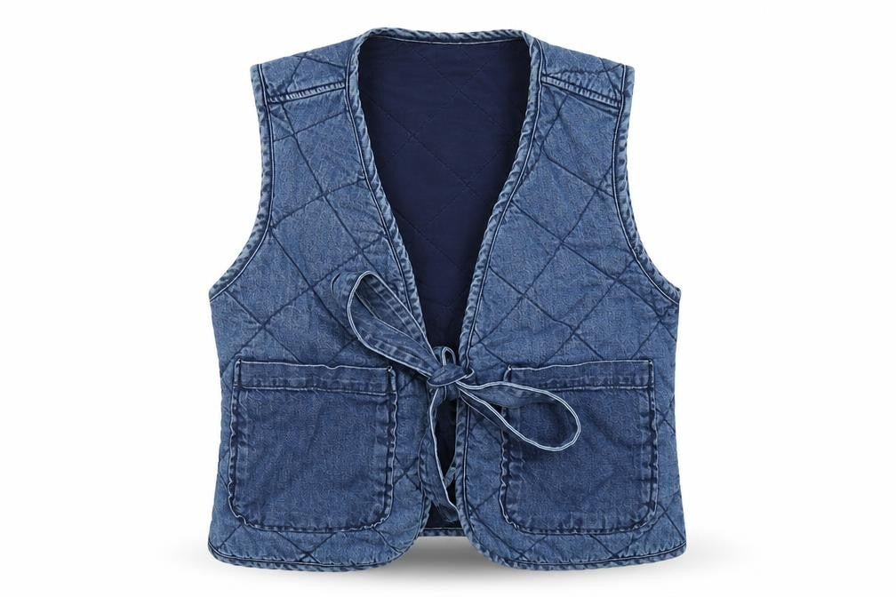 Primark Women Blue XS Quilted Denim Tie Waistcoat Pockets