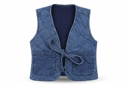 Primark Women Blue XS Quilted Denim Tie Waistcoat Pockets