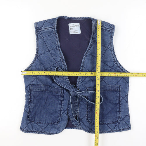 Primark Women Blue XS Quilted Denim Tie Waistcoat Pockets