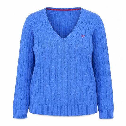 Crew Clothing Co Women Size 16 Blue Cable Knit V-Neck Cotton Pullover