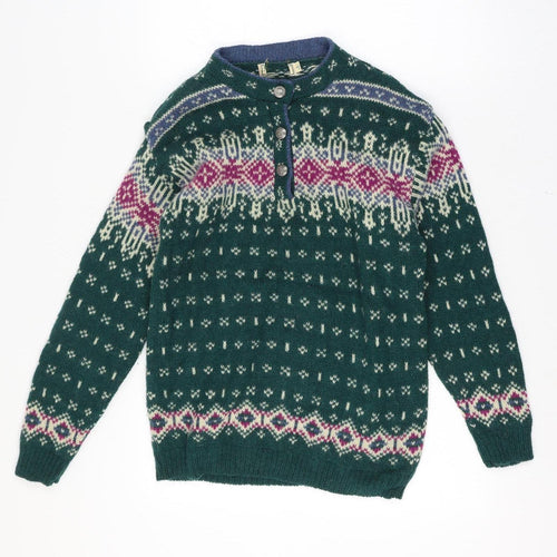 L.L.Bean Women’s Green Fair Isle Wool Henley Jumper Size S Vintage