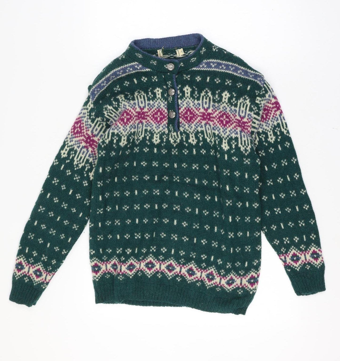 L.L.Bean Women’s Green Fair Isle Wool Henley Jumper Size S Vintage